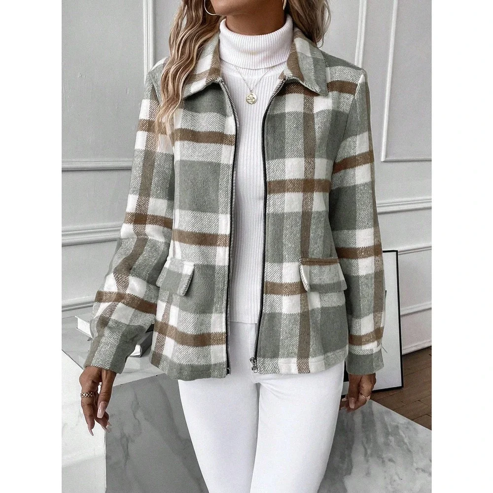 gray tan Plaid Print Zip Up stand collar preppy - Picture 3 of 5